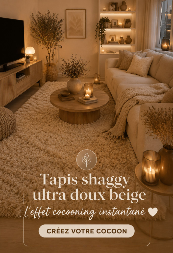 Tapis shaggy beige apportant une touche cocooning à un salon élégant