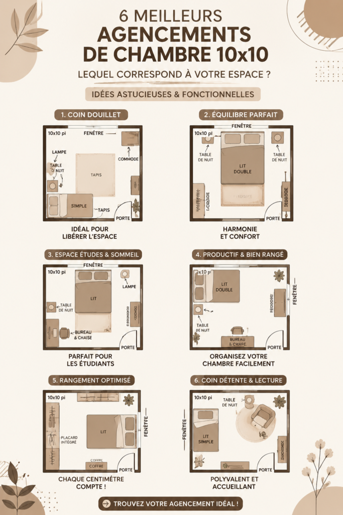 Aménagement d'une chambre chaleureuse de 10x10 avec lit et déco moderne.