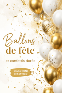 Ballons de fête avec confettis dorés créant une atmosphère festive