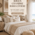 Chambre boho côtier avec des couleurs apaisantes et des textures naturelles.