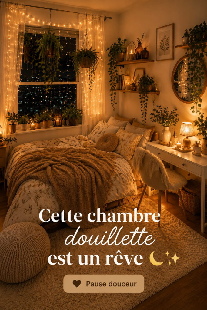 Une chambre cosy avec des couleurs douces et un éclairage chaleureux