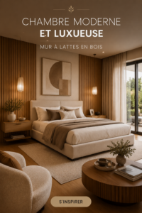 Chambre moderne avec un mur en lattes de bois élégantes et décor chaleureux
