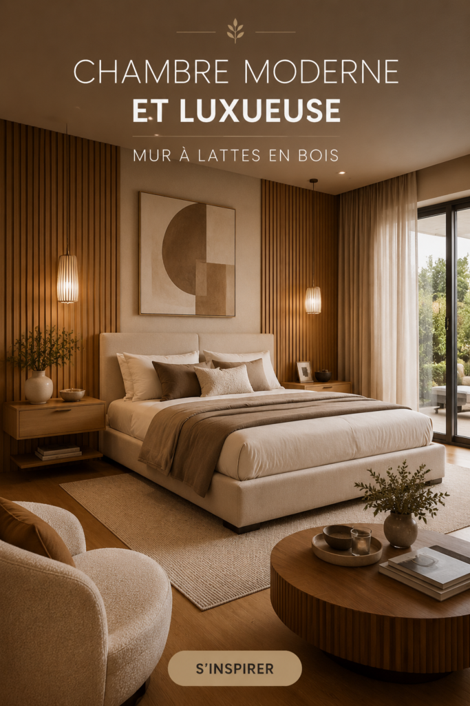 Chambre moderne avec un mur en lattes de bois élégantes et décor chaleureux