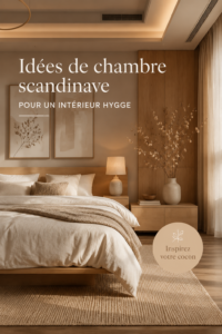 Chambre cosy au style scandinave, avec des éléments hygge comme des textiles doux et des couleurs neutres.