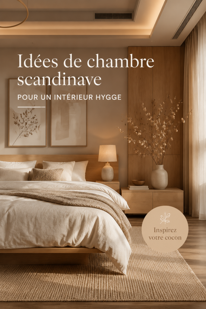 Chambre cosy au style scandinave, avec des éléments hygge comme des textiles doux et des couleurs neutres.