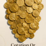 Des lingots et pièces d'or représentés sur un fond élégant, illustrant la cotation de l'or.
