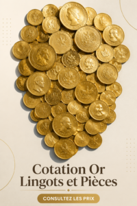 Des lingots et pièces d'or représentés sur un fond élégant, illustrant la cotation de l'or.