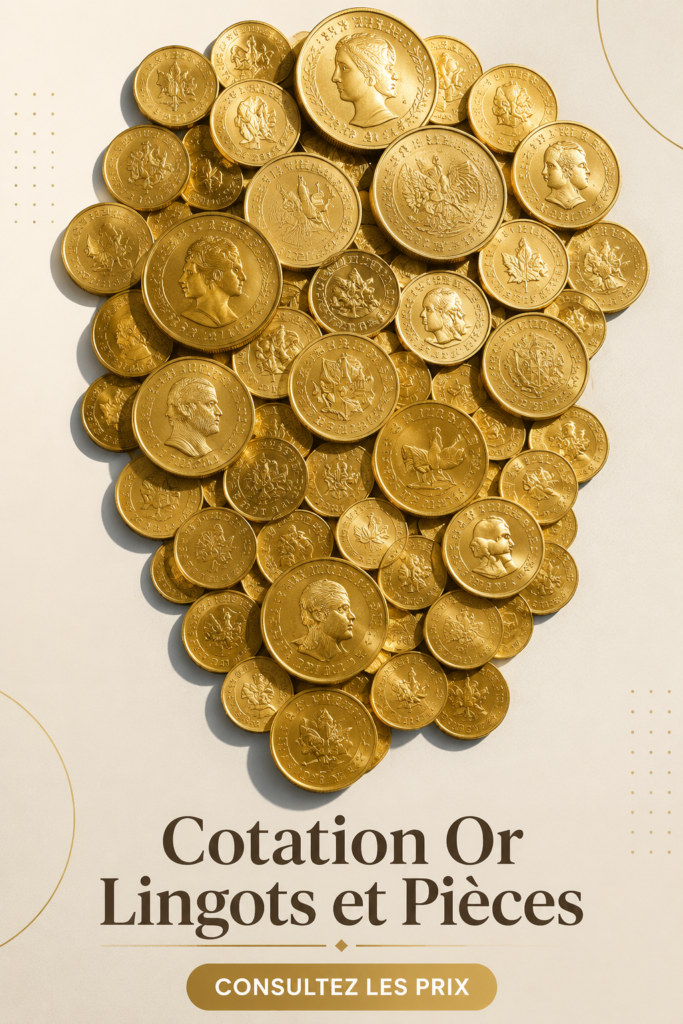 Des lingots et pièces d'or représentés sur un fond élégant, illustrant la cotation de l'or.