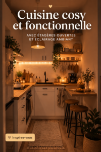 Cuisine cosy avec éclairage chaleureux et étagères ouvertes