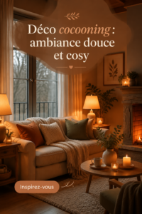 Un salon cosy avec une décoration cocooning, mettant en avant des couleurs douces et des textures chaleureuses.