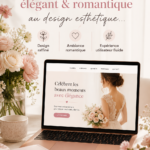 Modèle de design de site web élégant et romantique avec des couleurs douces et une typographie raffinée.