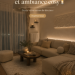 Un salon avec un éclairage doux et chaleureux, des coussins et des plaids créant une ambiance cocooning.
