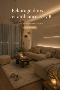 Un salon avec un éclairage doux et chaleureux, des coussins et des plaids créant une ambiance cocooning.