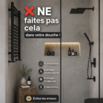 Vue d'une douche moderne avec des matériaux adaptés et un aménagement fonctionnel.