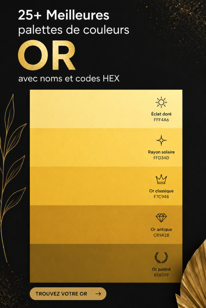 Exemple de palette de couleurs dorées élégantes avec différents tons et nuances.