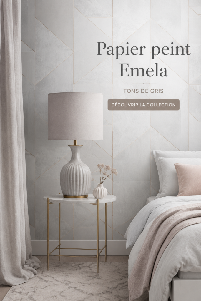 Un intérieur chaleureux avec le papier peint Emela en tons de gris, apportant une ambiance apaisante.