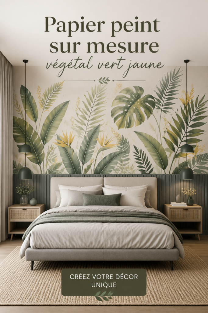 Intérieur moderne avec du papier peint végétal vert et jaune