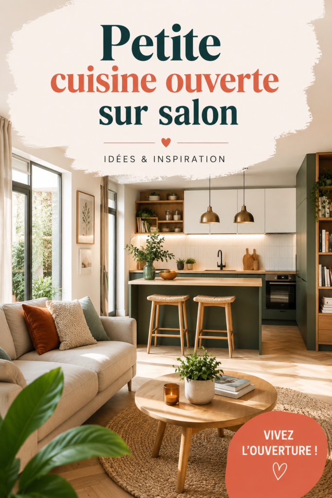 Une petite cuisine ouverte sur un salon moderne avec des meubles clairs et un éclairage chaleureux.