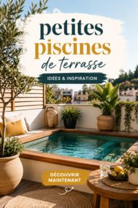Petite piscine élégante sur une terrasse moderne, entourée de plantes.