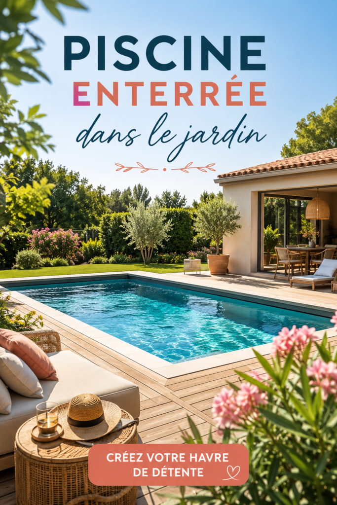 Piscine enterrée dans un jardin verdoyant avec quelques chaises longues autour.