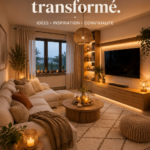 Salon moderne et accueillant avec des couleurs chaudes et des meubles confortables