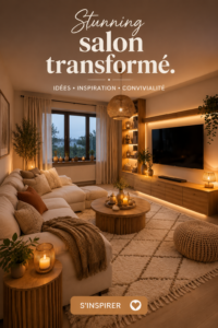 Salon moderne et accueillant avec des couleurs chaudes et des meubles confortables