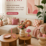 Un salon lumineux avec des tons roses et du bois clair, créant une ambiance accueillante et cosy.