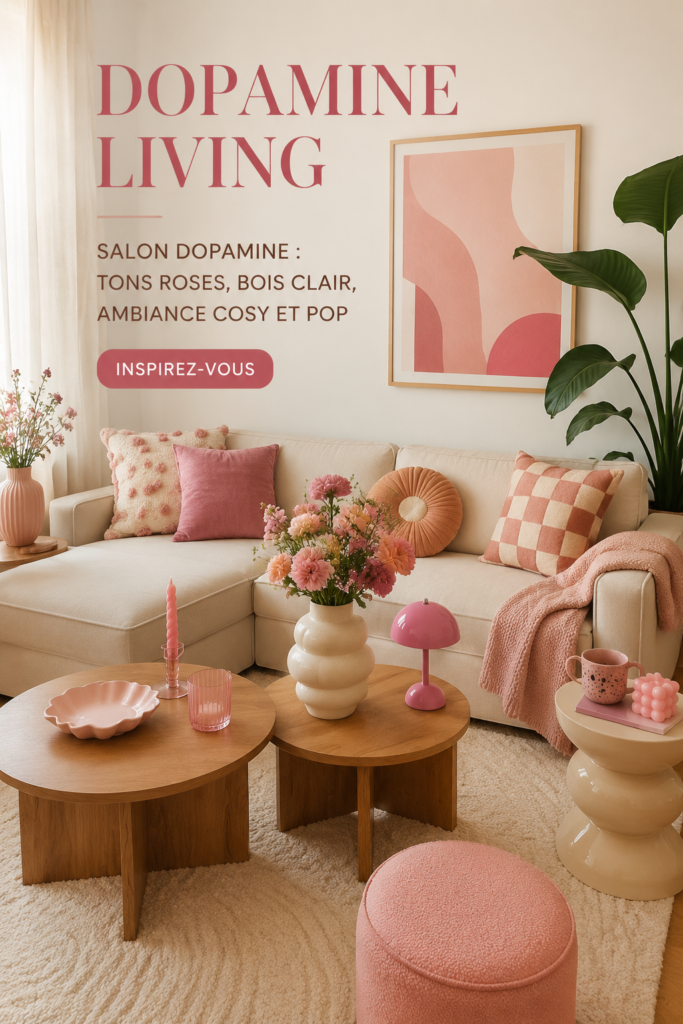 Un salon lumineux avec des tons roses et du bois clair, créant une ambiance accueillante et cosy.