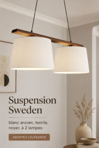 Suspension Sweden en textile blanc ancien et noyer, suspendue dans un intérieur moderne.