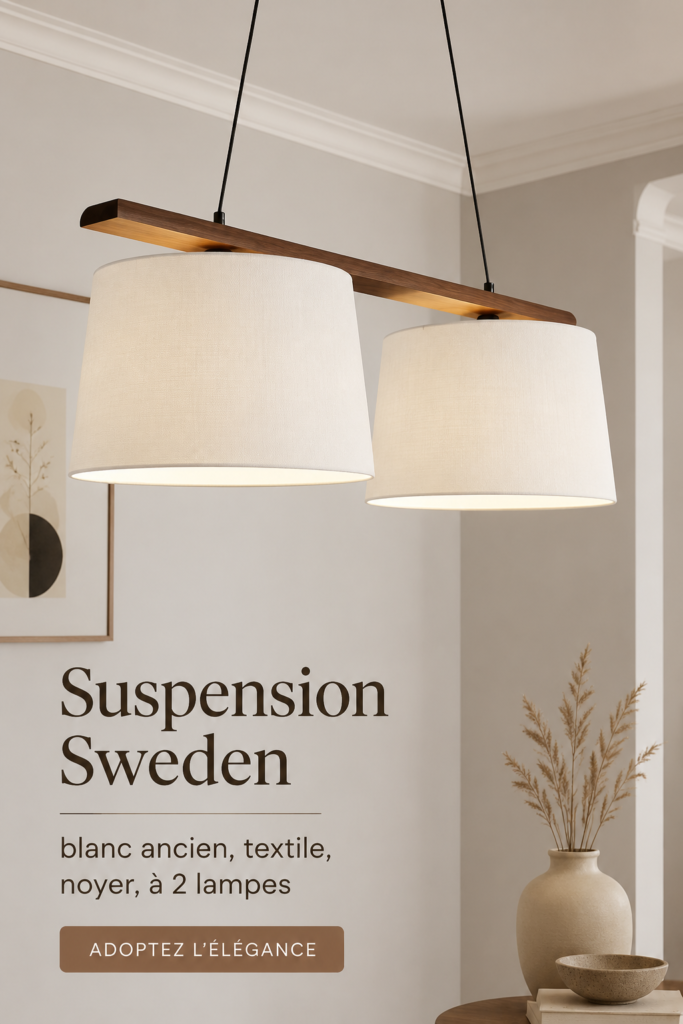 Suspension Sweden en textile blanc ancien et noyer, suspendue dans un intérieur moderne.