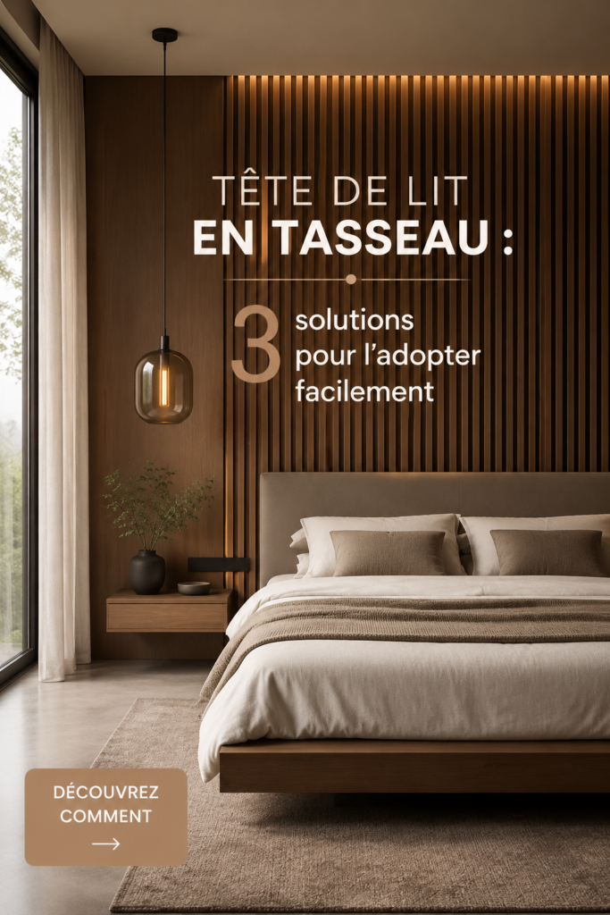 Tête de lit en tasseau en bois claire dans une chambre chaleureuse