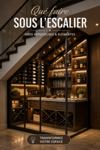 Aménagement élégant sous un escalier avec coin lecture cosy