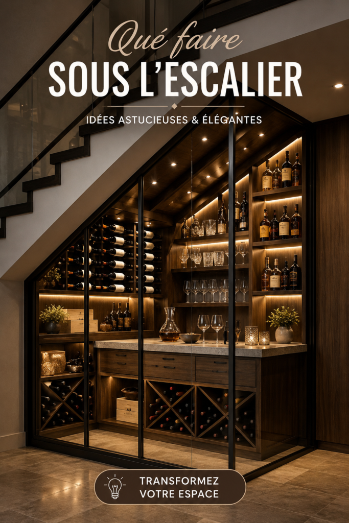 Aménagement élégant sous un escalier avec coin lecture cosy