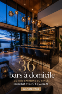 Un bar à domicile élégant avec des finitions en bois et un éclairage chaleureux.