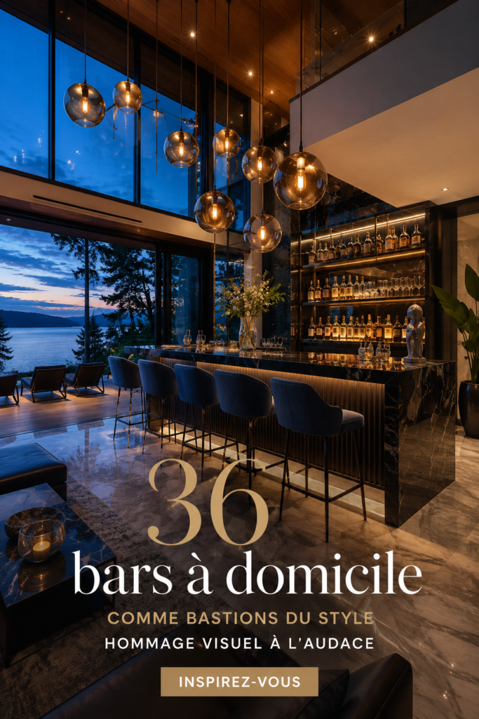 Un bar à domicile élégant avec des finitions en bois et un éclairage chaleureux.