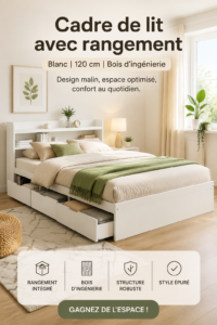 Cadre de lit blanc élégant avec rangement intégré dans une chambre moderne.