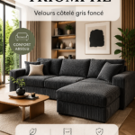 Canapé d'angle Triomphe en velours côtelé gris dans un salon moderne