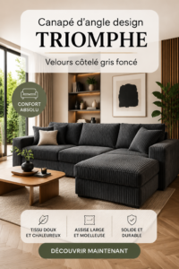 Canapé d'angle Triomphe en velours côtelé gris dans un salon moderne