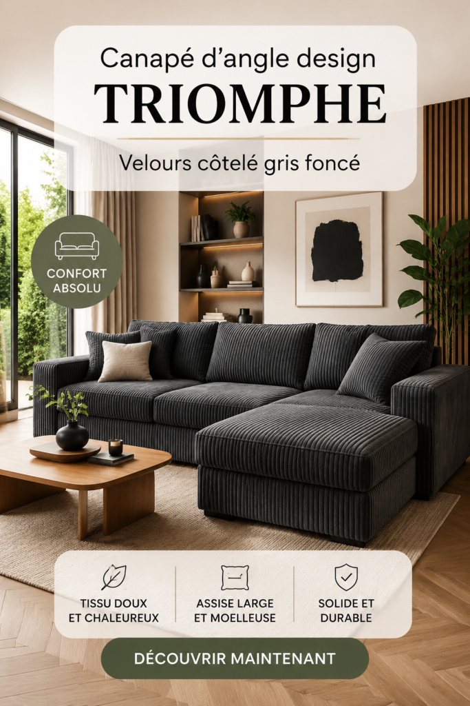 Canapé d'angle Triomphe en velours côtelé gris dans un salon moderne