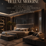 Chambre parentale moderne avec lit spacieux et tête de lit élégante.