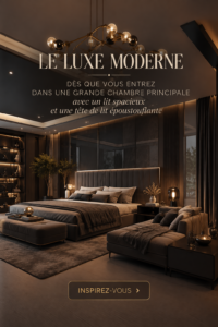 Chambre parentale moderne avec lit spacieux et tête de lit élégante.