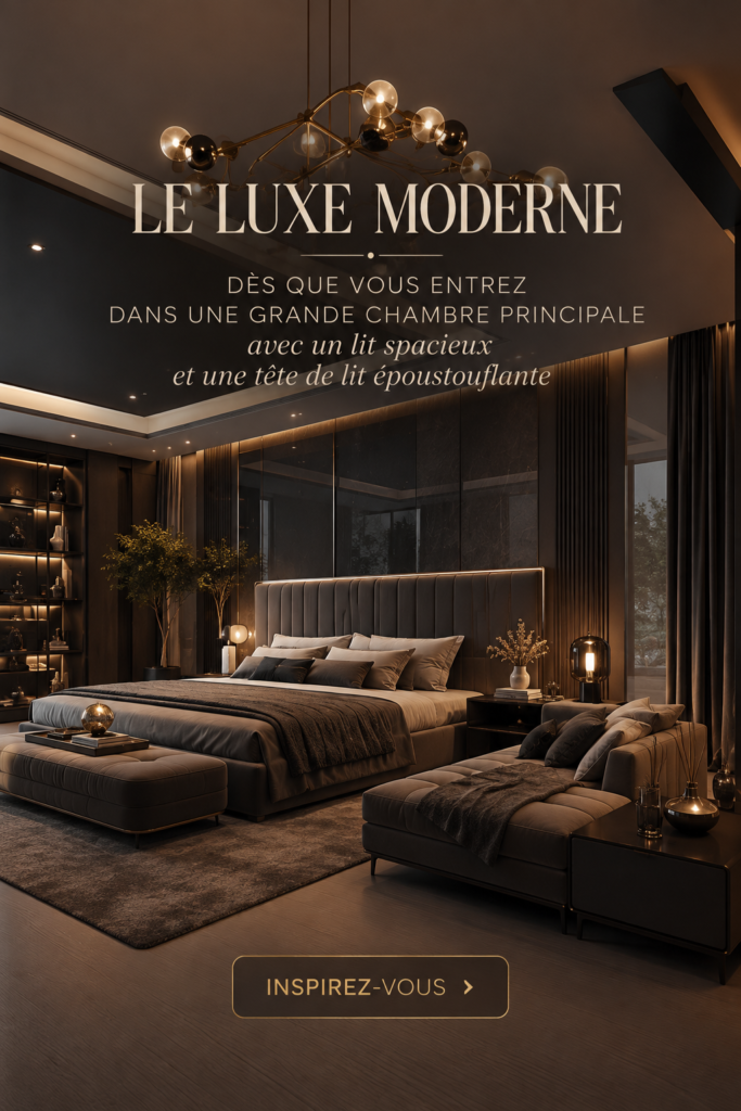 Chambre parentale moderne avec lit spacieux et tête de lit élégante.