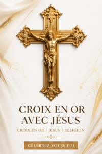 Une croix dorée élégante suspendue dans un intérieur moderne, symbole d'élégance et de spiritualité.