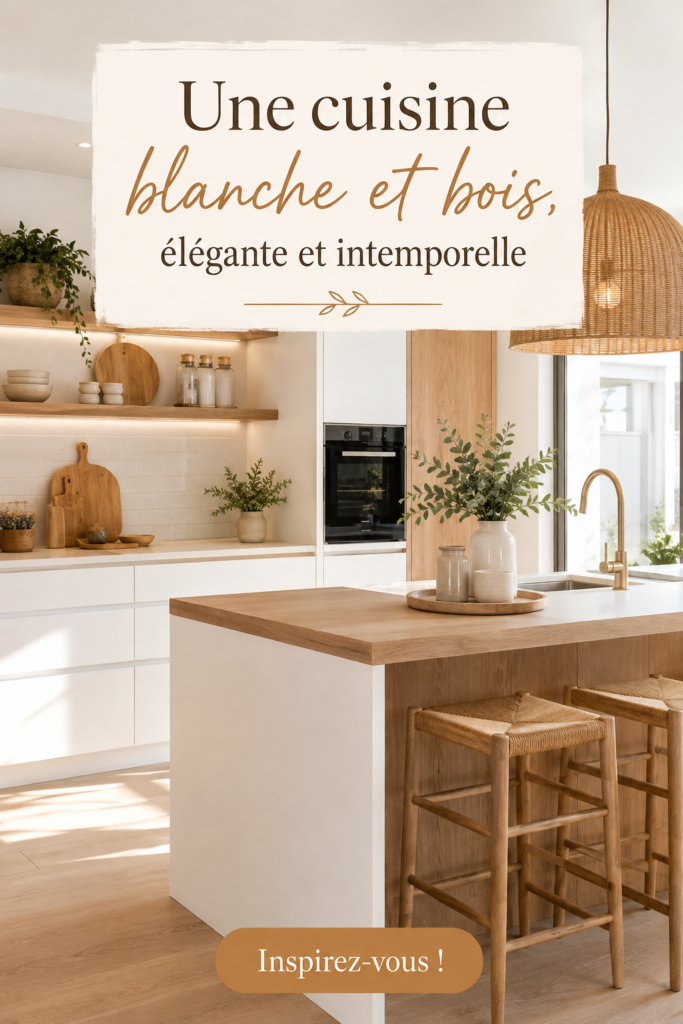 Cuisine moderne élégante avec des éléments en bois et blanc