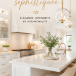 Cuisine blanche sophistiquée avec une touche moderne, alliant design et fonctionnalité.
