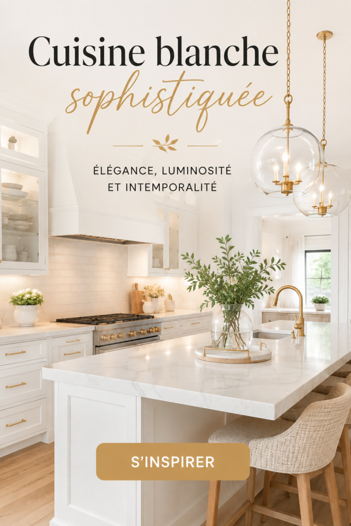 Cuisine blanche sophistiquée avec une touche moderne, alliant design et fonctionnalité.