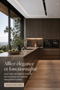 Une cuisine chic alliant armoires en bois et surfaces en marbre.