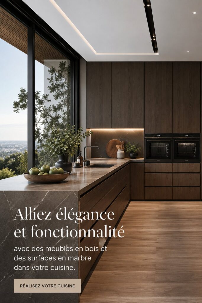 Une cuisine chic alliant armoires en bois et surfaces en marbre.