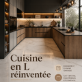 Cuisine moderne en L avec rangement intelligent et matériel chaleureux.