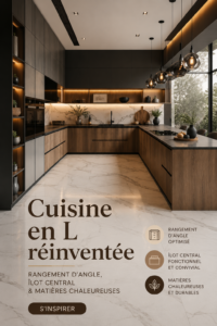 Cuisine moderne en L avec rangement intelligent et matériel chaleureux.